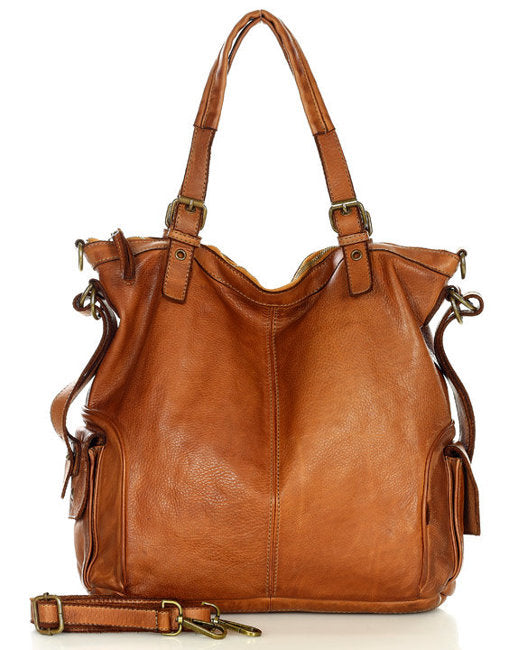 (outlet) Cannole. Duża miejska torba na ramię shopper skórzana damska A4 XL skórzana cognac
