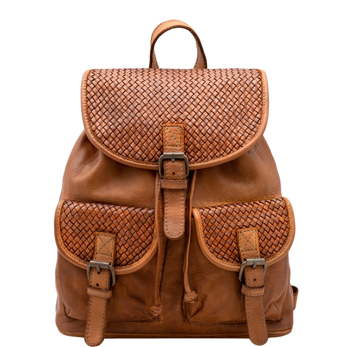 Buscemi2 ● Klasyczny skórzany plecak unisex z klapką w stylu retro. (Kopia) cognac