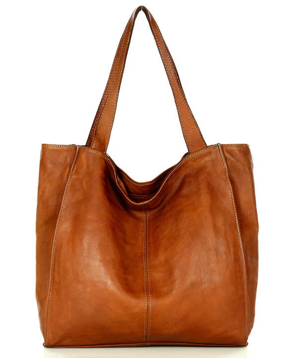 Arreto ● Klasyczna włoska skórzana torba na ramię shoperka damska cognac