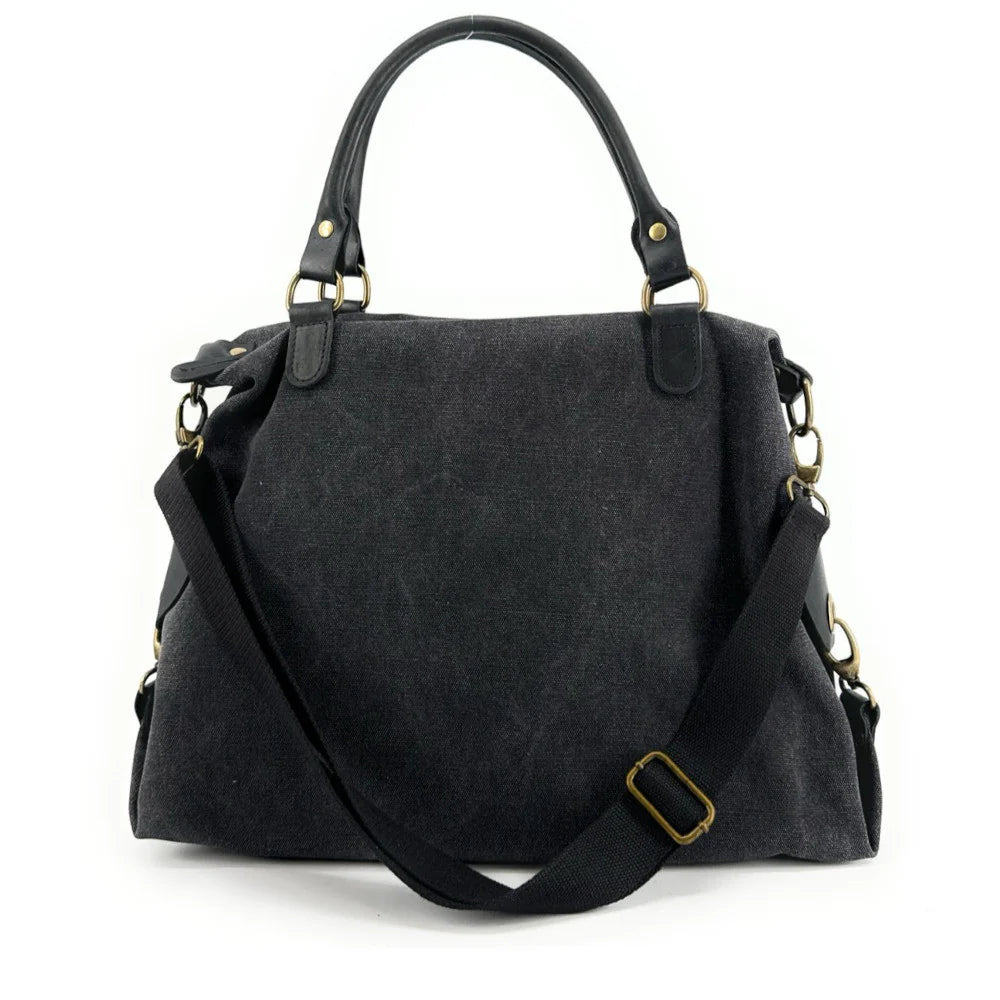 KOUKO HOBO Duża damska torba na ramię XXL z grubej bawełny i skóry czarny