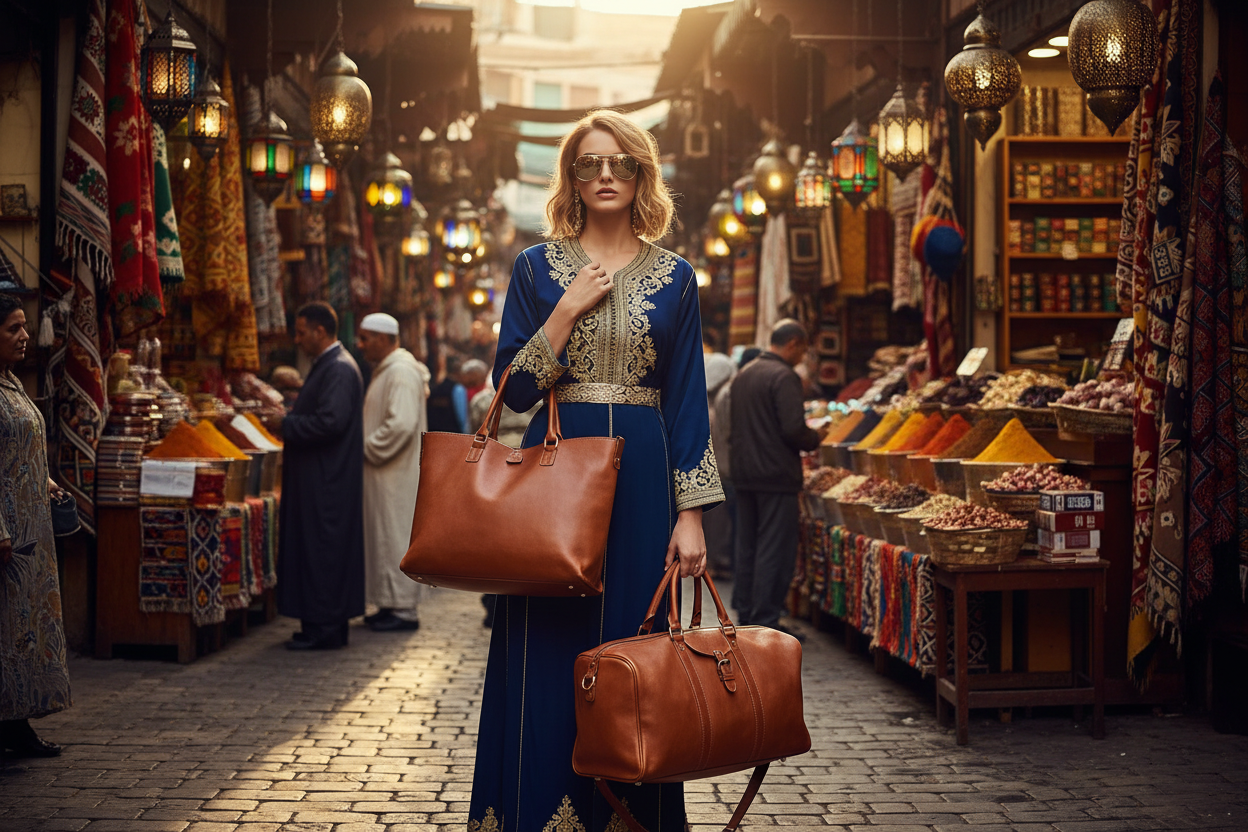 Piękna blondynka z skórzanymi torbami na marokańskim targowisku