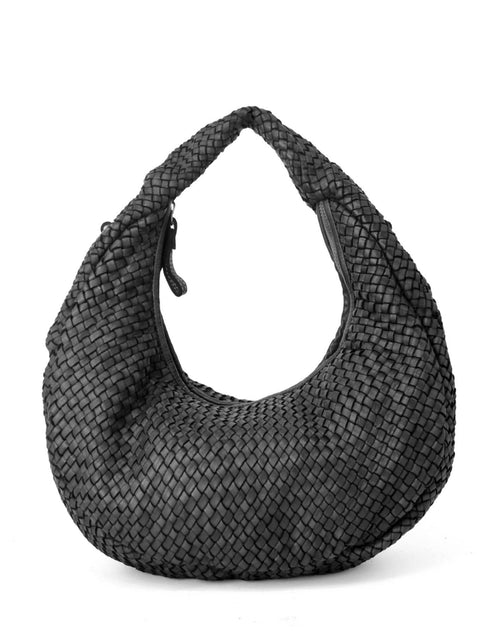 Acera intrecciato ● Pleciona, skórzana damska torba na ramię-worek Hobo black